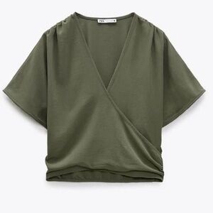 Zara Khaki V-Neck warp Blouse size Large 🛍️